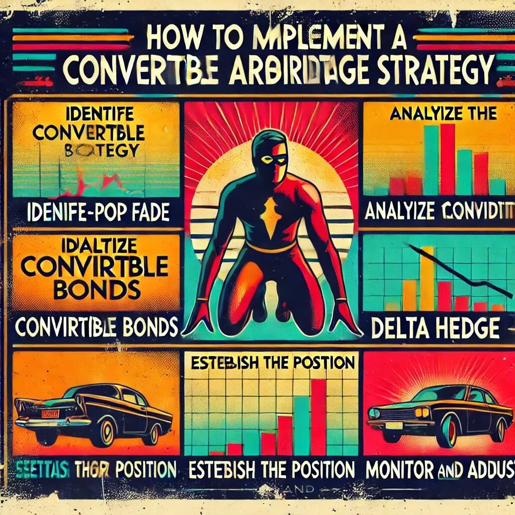 steps to implement a convertible arbitrage strategy, including Identify Convertible Bonds, Analyze the Convertible Bonds, Establish the Short Position, Delta Hedge the Position, and Monitor and Adjust