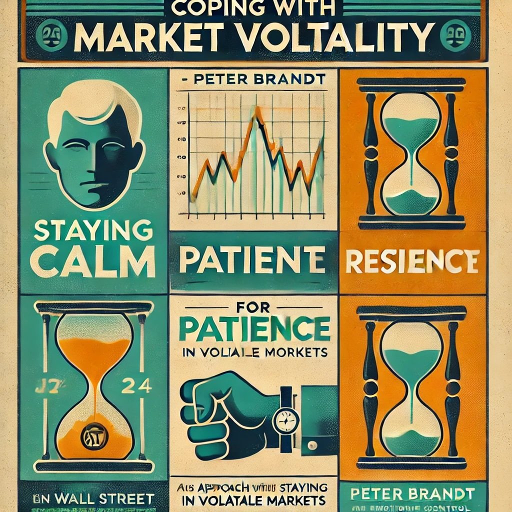 Coping with Market Volatility showcasing Peter Brandt's strategies for staying calm, practicing patience, and building resilience