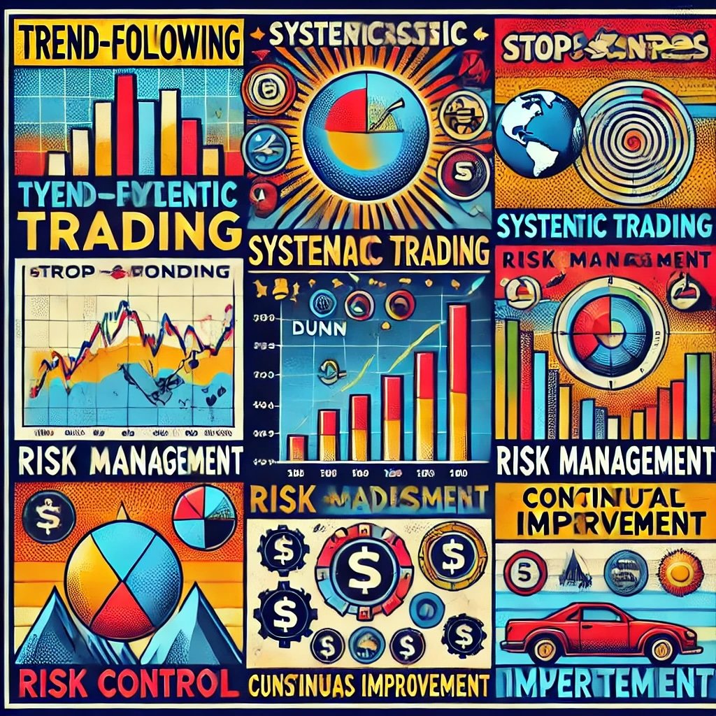 core principles of Bill Dunn's trading strategy, focusing on trend-following, systematic trading, risk management, diversification, and continuous improvement 