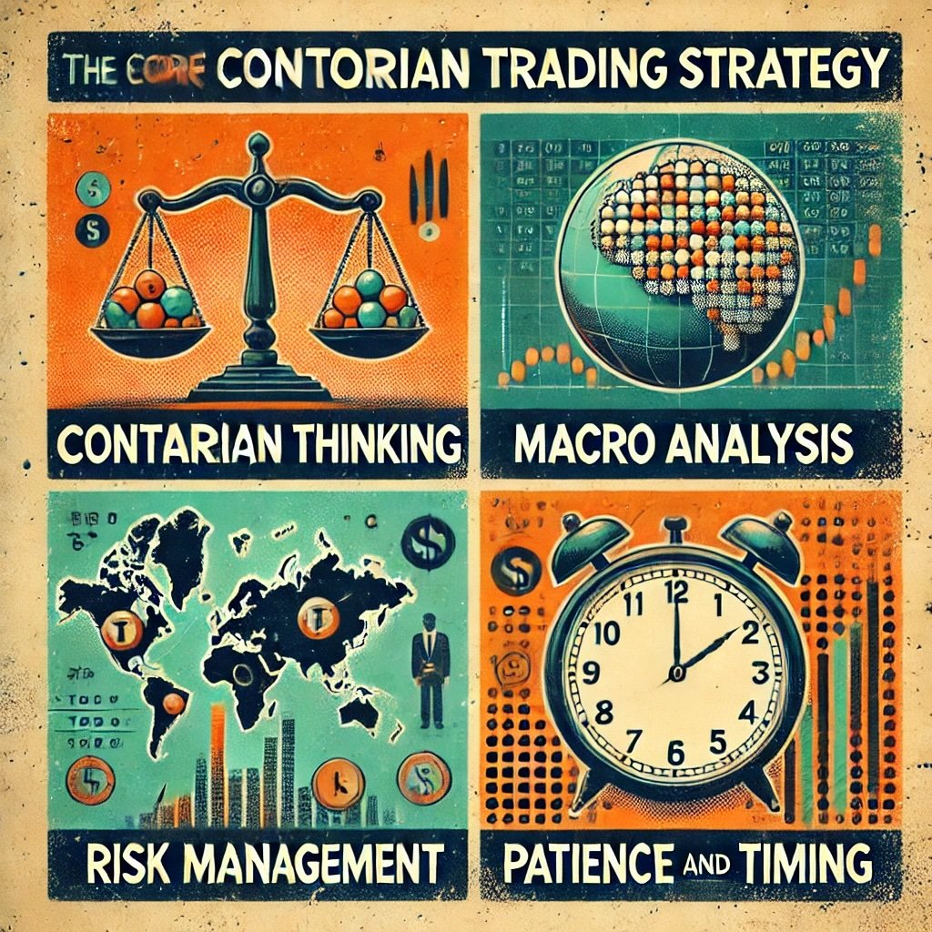 core principles of Contrarian Trading Strategy represent Contrarian Thinking, Macro Analysis, Risk Management, and Patience and Timing 