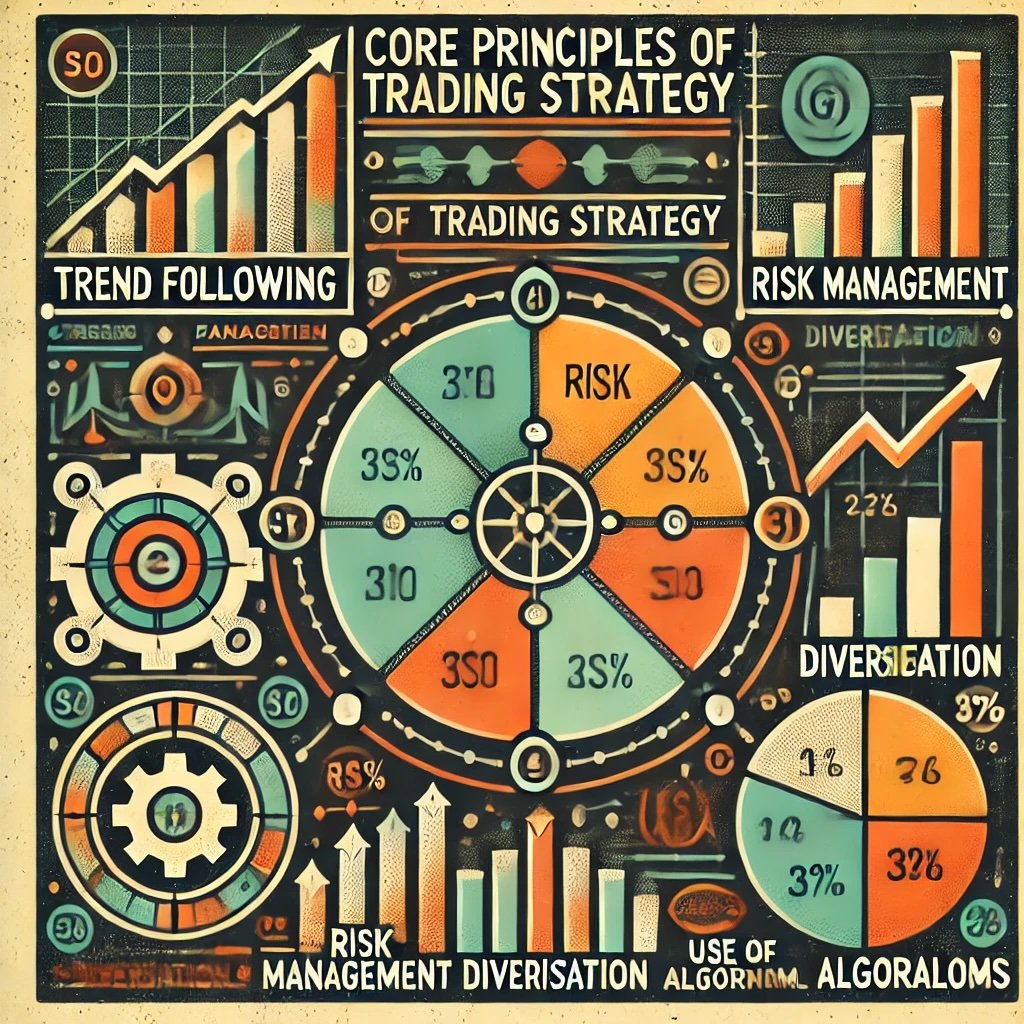 Core Principles of Larry Hite’s Trading Strategy capturing key concepts like Trend Following, Risk Management, Diversification, and the Use of Algorithms