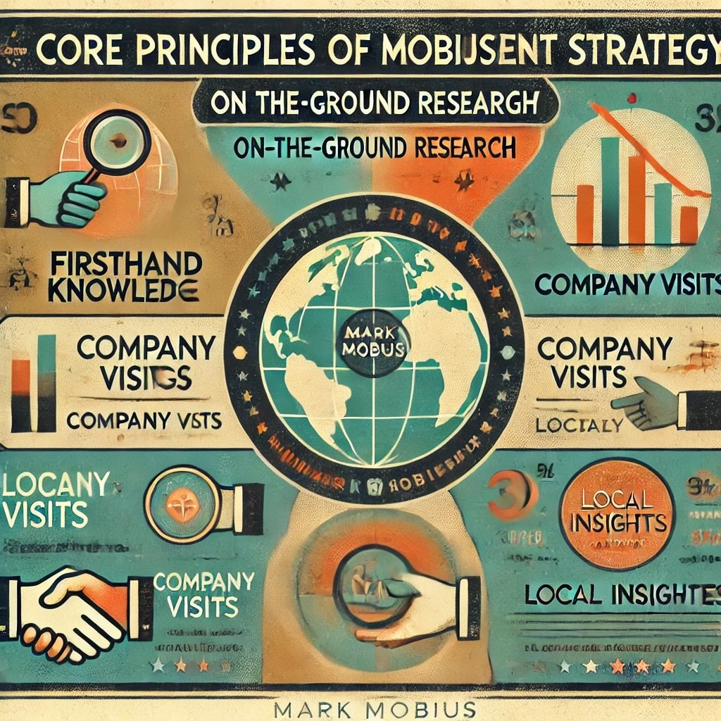 Core Principles of Mobius’s Investment Strategy On-the-Ground Research illustrating his approach to firsthand knowledge, company visits and local insights