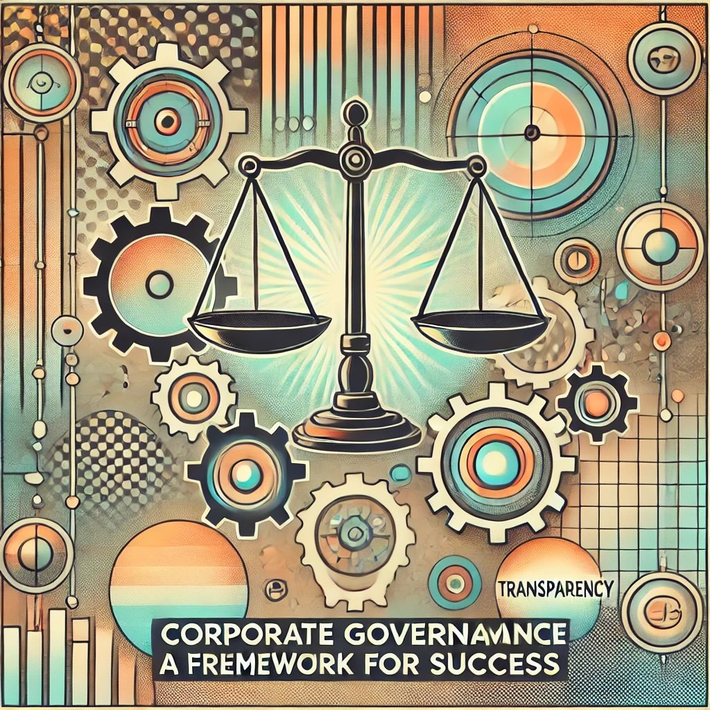 Corporate Governance: A Framework for Success creatively designed nostalgic yet professional aesthetic, aligning with the theme of ethical leadership and accountability