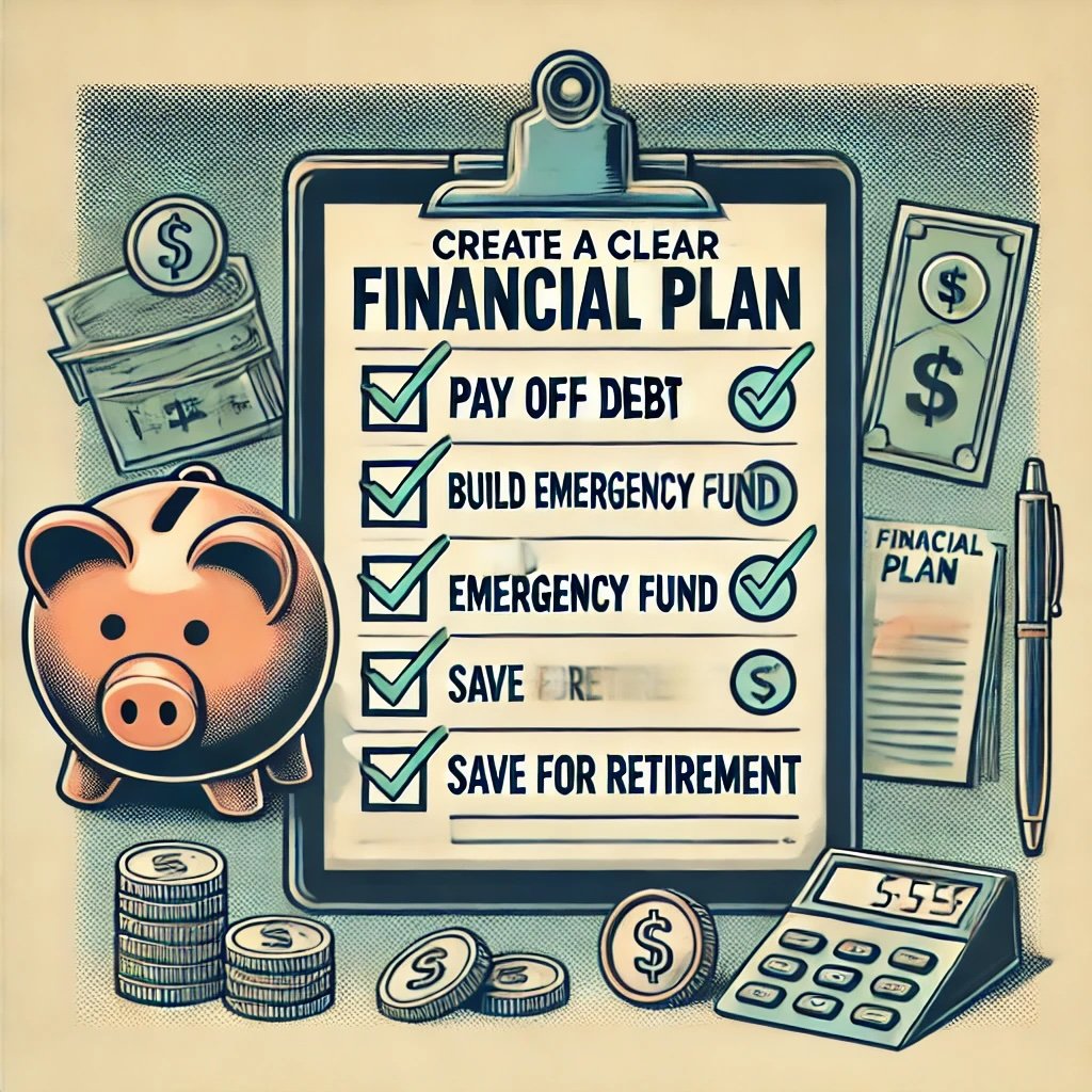 Create a Clear Financial Plan clipboard with a detailed financial plan listing goals like Pay off Debt, Build Emergency Fund, and Save for Retirement with checkboxes and timelines