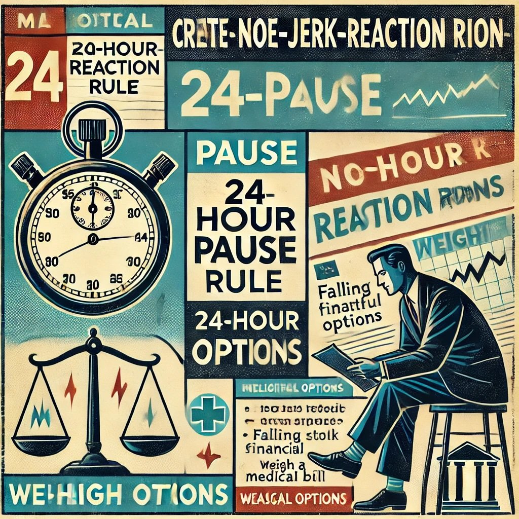 Create a No-Knee-Jerk-Reaction Rule labeled 24-Hour Pause a balance scale symbolizing thoughtful decision-making sitting calmly with a notepad labeled Weigh Options