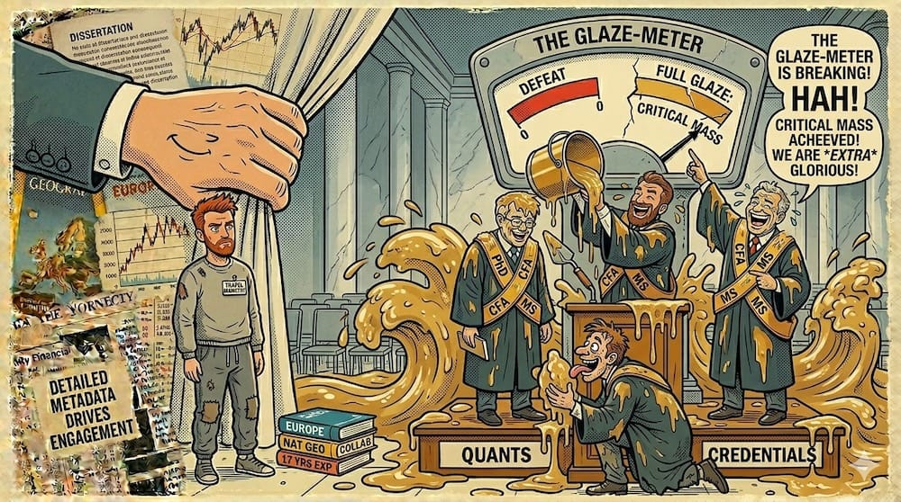 A retro editorial cartoon and collage satirizing a corporate finance echo chamber. On the left, a man with spiked red hair and a short red beard wearing ragged sweatpants watches with a deadpan expression as a massive hand pulls back a curtain. On a podium to the right, three ecstatic finance quants in academic robes are hysterically laughing while actively pouring buckets of thick, sticky golden glaze over each other. Another man in robes is on his knees, eagerly licking the golden glaze off a quant's boot. Above them, a cracked dial gauge labeled "THE GLAZE-METER" points past "DEFEAT" to "FULL GLAZE: CRITICAL MASS" as waves of golden glaze flood the stage.