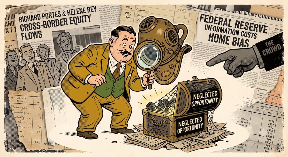 An illustration depicting an investor, whose head is replaced by an oversized diving helmet functioning as a magnifying glass, looking into a mysterious, tangled chest labeled 'NEGLECTED OPPORTUNITY'. He ignores 'THE CROWD' pointing away. The scene, framed by historic text on international capital determinants and home bias costs, represents the mistake of conflating discomfort with a valuation edge.