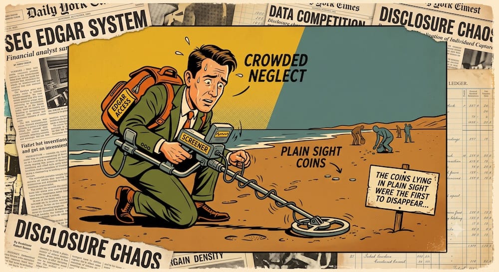 Benjamin Graham’s Vanished Opportunity Supply: Modern Data and Crowded Neglect An anxious financial analyst using a stock screener as a metal detector on a beach. A small sign notes that 'plain sight coins' are long gone. Crowded neglect label and newspaper clippings illustrate the intense modern competition for Benjamin Graham's original bargain density in a digital market.