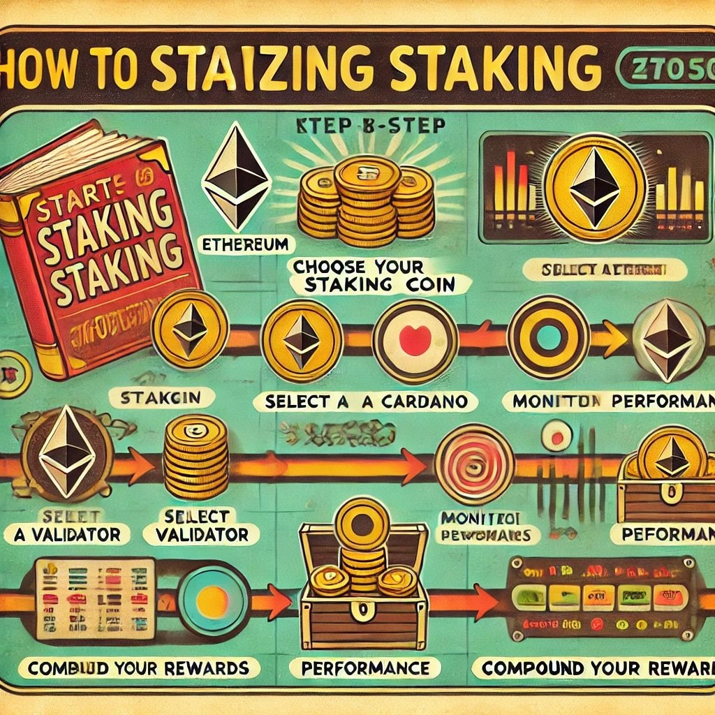 cryptocurrency staking, showcasing key steps such as selecting a coin, picking a validator, monitoring performance, and compounding rewards emphasizes preparation and strategy with visually engaging icons representing each phase. The vintage aesthetic highlights the balance between traditional guidance and modern blockchain innovation.