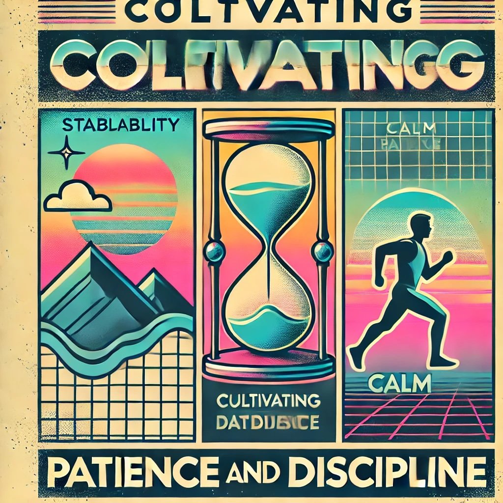 Cultivating Patience and Discipline with icons like an hourglass emphasizing the need for patience and discipline in successful investing