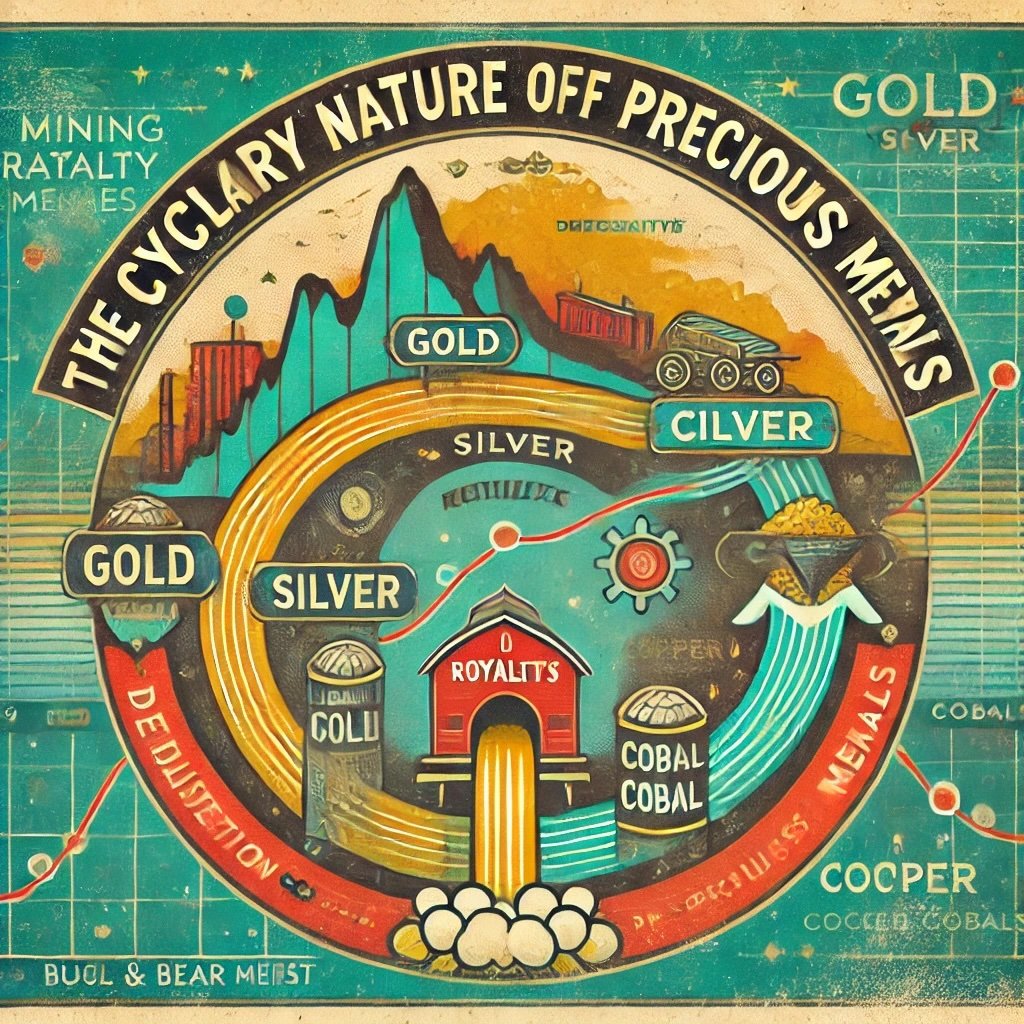 Cyclical Nature of Precious Metals concept illustrates how mining royalty companies navigate bull and bear markets emphasizes their strategic advantage of earning diversified royalties from multiple mines while mitigating risks tied to falling commodity prices. This visual captures their adaptability and appeal to investors with varied risk tolerances and commodity interests.