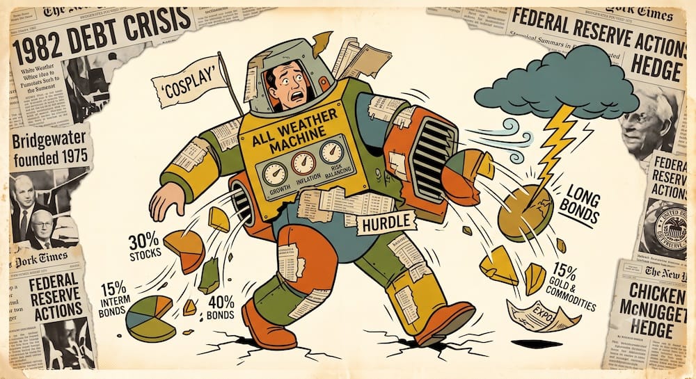 Ray Dalio's Institutional All Weather Portfolio vs The Passive Retail folklore Pie Chart Metaphor A character awkwardly wearing a cardboard 'All Weather Machine' suit that is falling apart. Pie charts emerge from internal machinery, labeled with distinct portfolio allocations for stocks, long bonds, intermediate bonds, gold, and commodities.