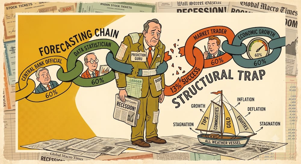 All Weather Is Not Forecasting: The sequential fragility of the economic forecasting chain in modern markets Investor figure navigating a complex 'economic regime map.' Surreal vignettes erupt from the map representing the four growth/inflation macro quadrants, with labels including 'Equities,' 'Nominal Sovereign Bonds,' 'TIPS,' and 'Graveyard.'