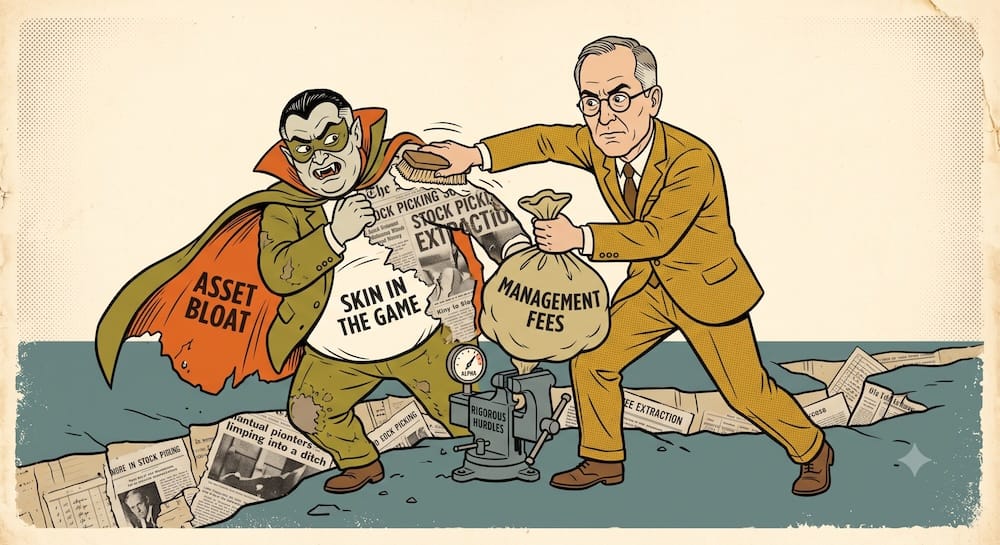 David Swensen con traje mostaza refriega a un gestor obeso caricaturizado como un Conde Drácula con colmillos etiquetado ENGORDE DE ACTIVOS. Está metiendo una bolsa enorme de COMISIONES DE GESTIÓN dentro de una morsa mecánica llamada METAS RIGUROSAS. La expresión firme de Swensen contrasta con el gestor cayendo en una zanja.
