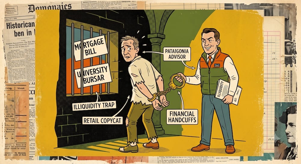 Inversor minorista encerrado en una celda que dice Illiquidity Trap esposado por un asesor financiero con chaleco Patagonia.