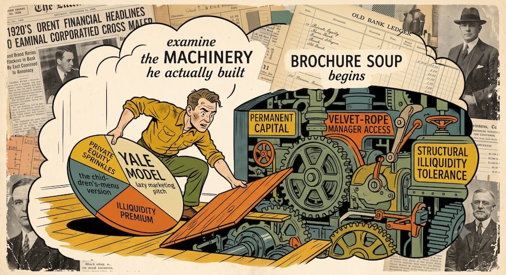 The Yale Model's Hidden Operating System: Institutional Machinery vs. Brochure Soup A determined Swensen-like mechanic prying up floorboards to reveal massive, intricate industrial gears. Embedded text reads: 'examine the MACHINERY he actually built' and 'BROCHURE SOUP begins'. The revealed machine is labeled with 'PERMANENT CAPITAL', 'VELVET-ROPE MANAGER ACCESS', and 'STRUCTURAL ILLIQUIDITY TOLERANCE'.