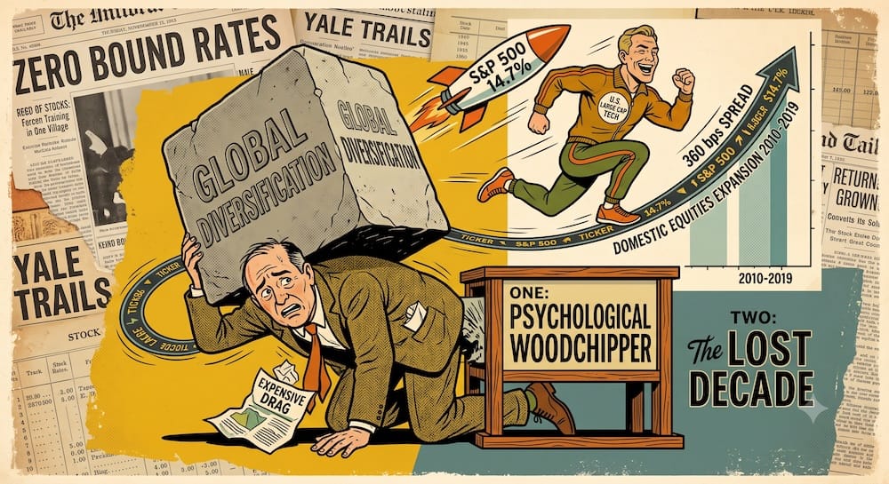 Visualizing Yale's Tracking Error Woodchipper vs. S&P 500 Dominance during the Lost Decade A crushed institutional allocator caricature screams as a machine labeled 'PSYCHOLOGICAL WOODCHIPPER' grinds a fund brochure labeled 'EXPENSIVE DRAG'. Above him, a muscular S&P 500 athlete speeds away on a 'DOMESTIC EQUITIES EXPANSION' track, labeled '14.7% ANNUALIZED vs YALE 11.1%' with '360 bps SPREAD'.