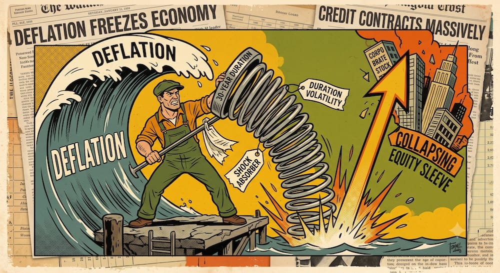 A rugged longshoreman forcefully absorbing a giant, crashing tidal wave labeled DEFLATION. He is using a massive, coiled metal spring mechanism explicitly marked 30-YEAR DURATION VOLATILITY. Behind him, an explosive graphical spike is launching into a falling stack of corporate stocks.