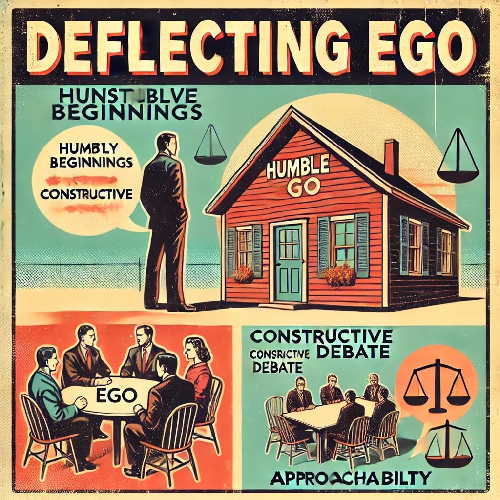 Deflecting Ego features a figure in modest attire standing beside a simple home labeled Humble Beginnings, engaging with others at a roundtable marked"Constructive Debate