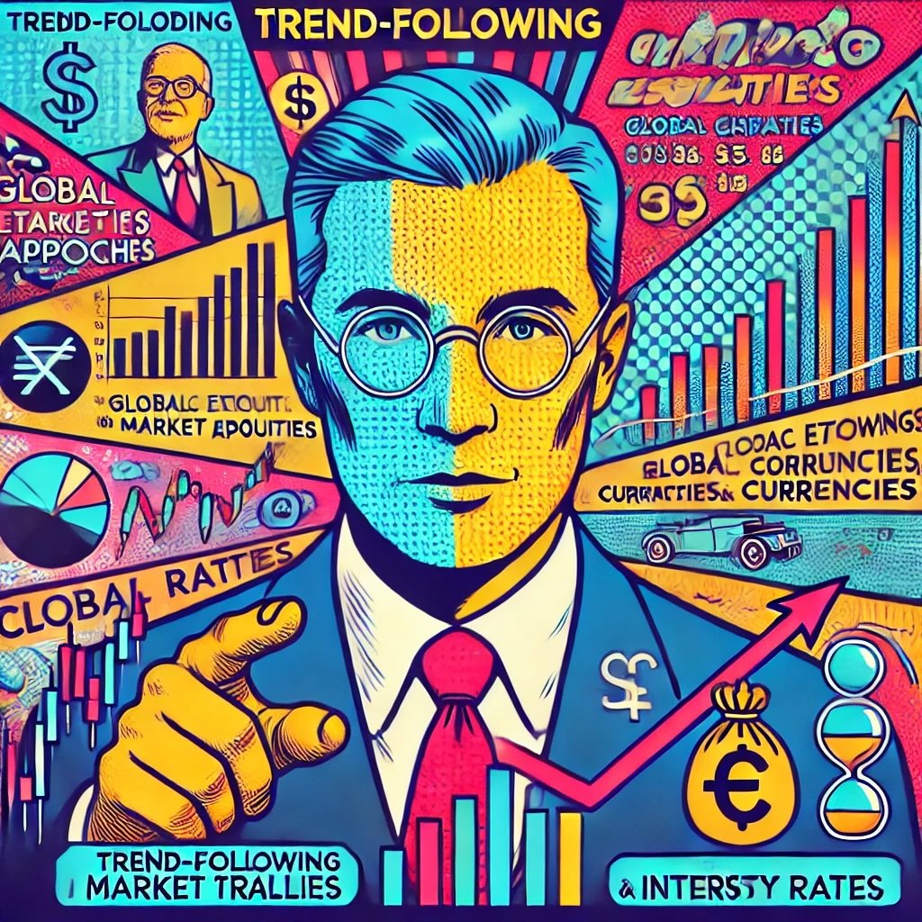 depicting Bill Dunn's famous trades and market predictions of his systematic trading approach mix of financial symbols, market trends, and commodities 