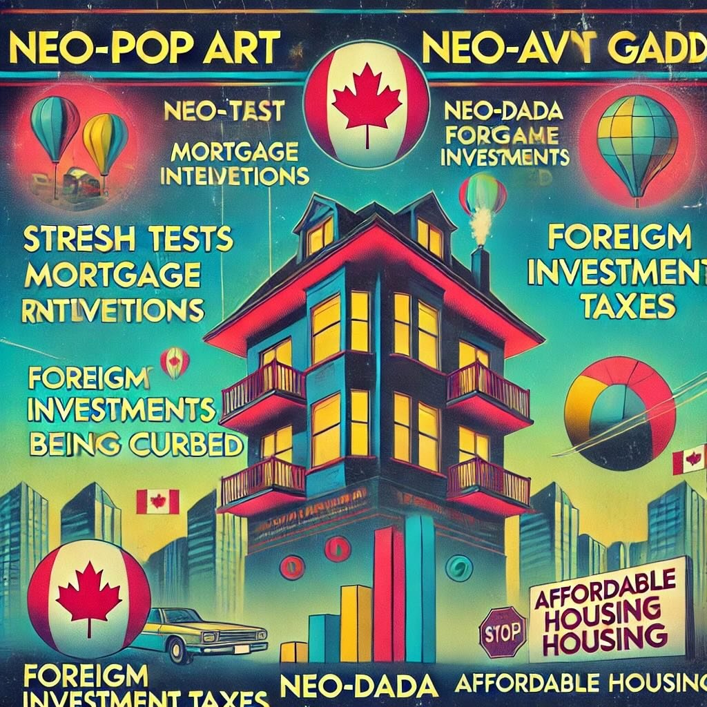 depicting government policies and market interventions in Canada's housing market, focusing on stress tests, mortgage regulations, foreign investment taxes