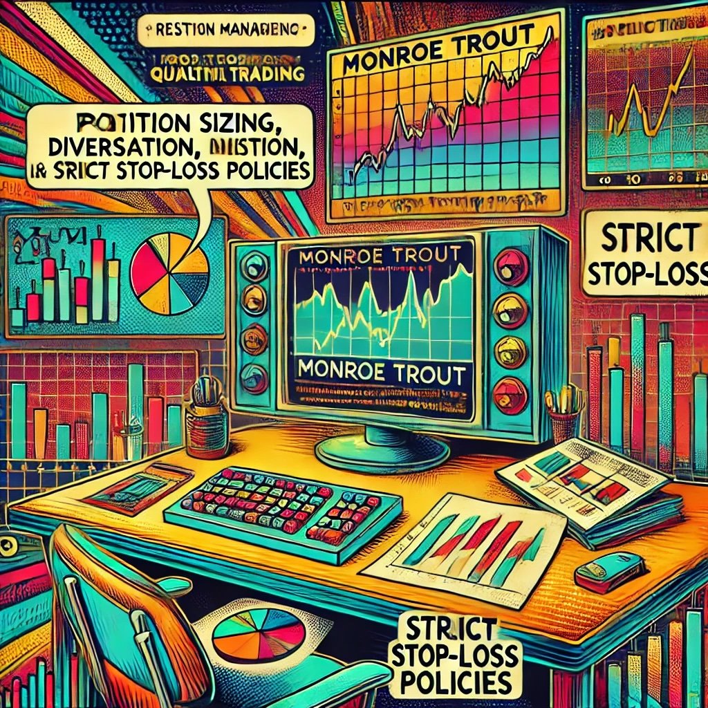 depicting risk management techniques in quantitative trading, inspired by Monroe Trout's approach highlights elements like position sizing, diversification, and strict stop-loss policies, with dynamic symbols such as charts, mathematical formulas, and trading monitors to represent capital preservation and disciplined trading. 