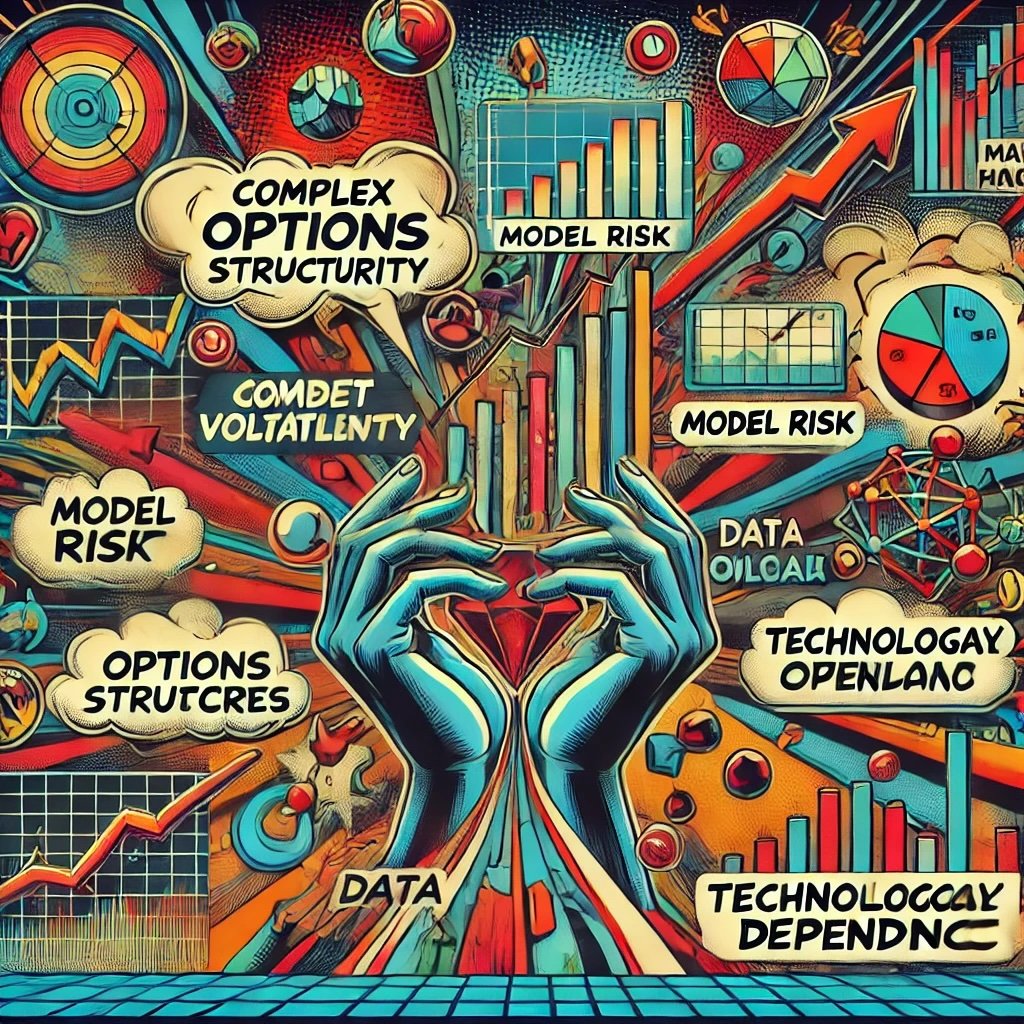 depicting the challenges of options trading. It captures the key obstacles such as market volatility, complex options structures