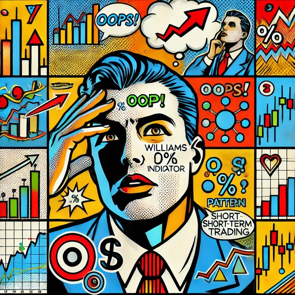 depicting Tony Saliba's famous trading systems like the Williams %R Indicator, the OOPS! Pattern, and his approach to short-term trading and seasonal timing