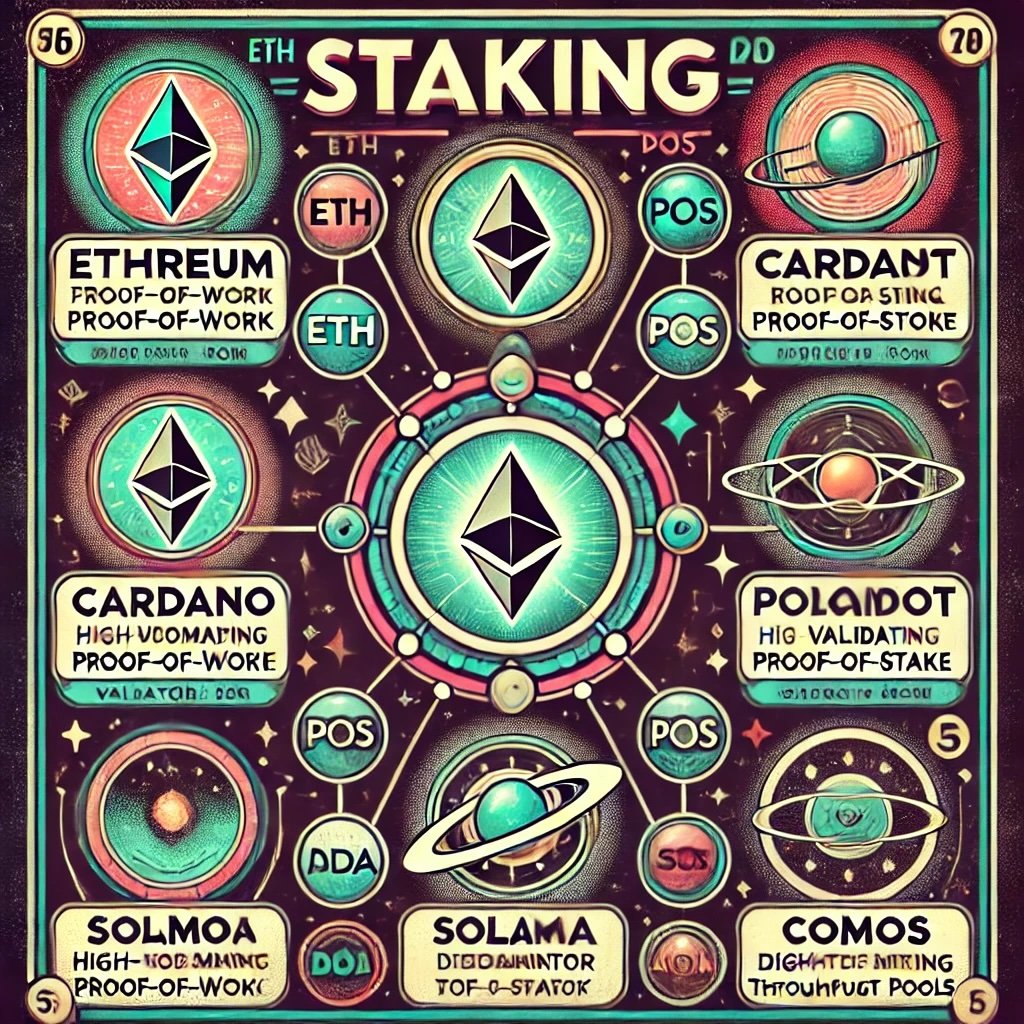 depiction of popular cryptocurrency staking coins, highlighting their unique mechanisms including ethereum, cardano, polkadot, solana and cosmos Ethereum (ETH): Represents its transition to Proof-of-Stake (PoS) and includes liquid staking for flexibility. Cardano (ADA): Showcases its Ouroboros staking protocol with ADA delegation to stake pools for yield generation. Polkadot (DOT): Features validator-nominator relationships emphasizing collaborative staking. Solana (SOL): Illustrates high-throughput staking with validator nodes emphasizing speed. Cosmos (ATOM): Depicts the Tendermint consensus mechanism with a cosmic cycle motif. This visual encapsulates the diversity and innovation within crypto staking ecosystems.