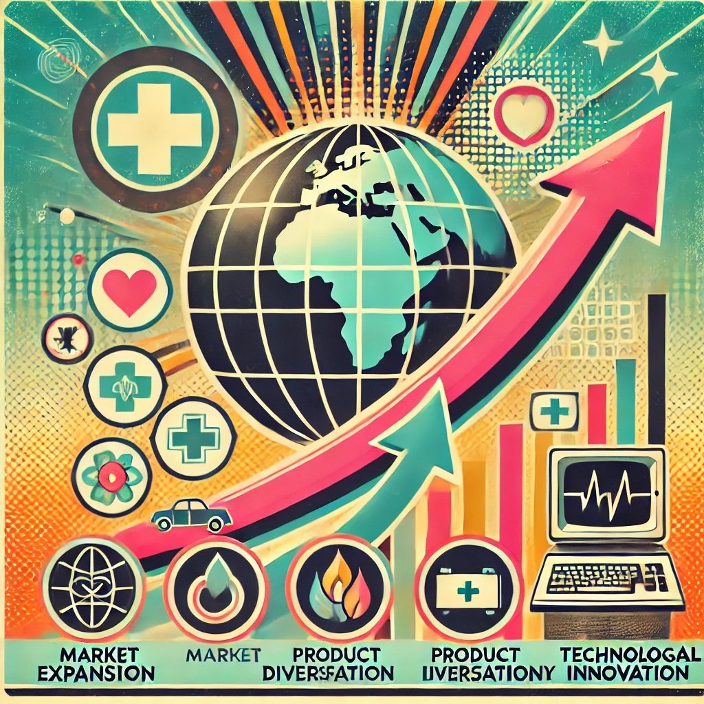 depicts GEICO's strategic initiatives, highlighting market expansion with globe and arrows, product diversification through varied insurance icons emphasize growth and adaptability