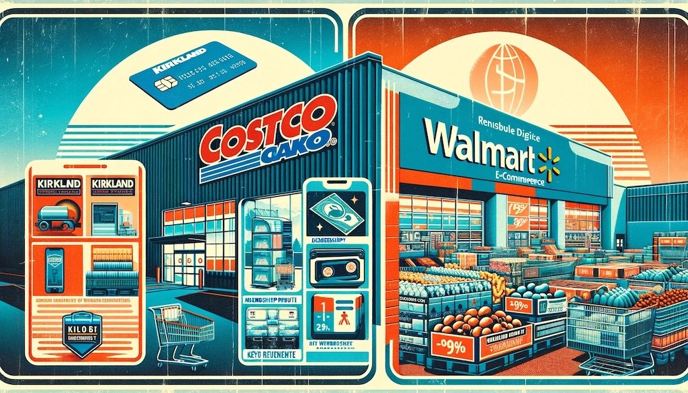 This retro-inspired illustration showcases the distinct revenue drivers of Costco and Walmart. On the left, Costco is represented by a warehouse packed with bulk goods and a membership card symbolizing consistent income from annual fees. On the right, Walmart highlights a vibrant Supercenter with groceries, electronics, and apparel alongside e-commerce icons, reflecting its diverse and dynamic revenue streams.