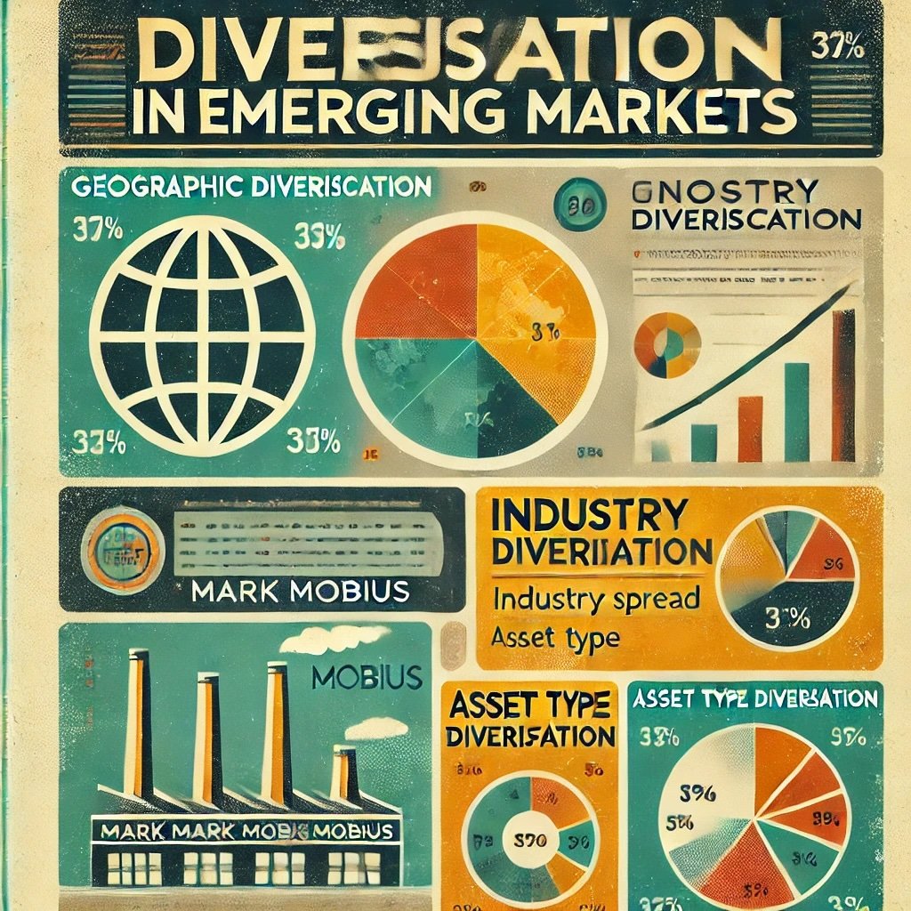 Diversification in Emerging Markets illustrating Mark Mobius's strategies for managing risk through geographic, industry, and asset type diversification