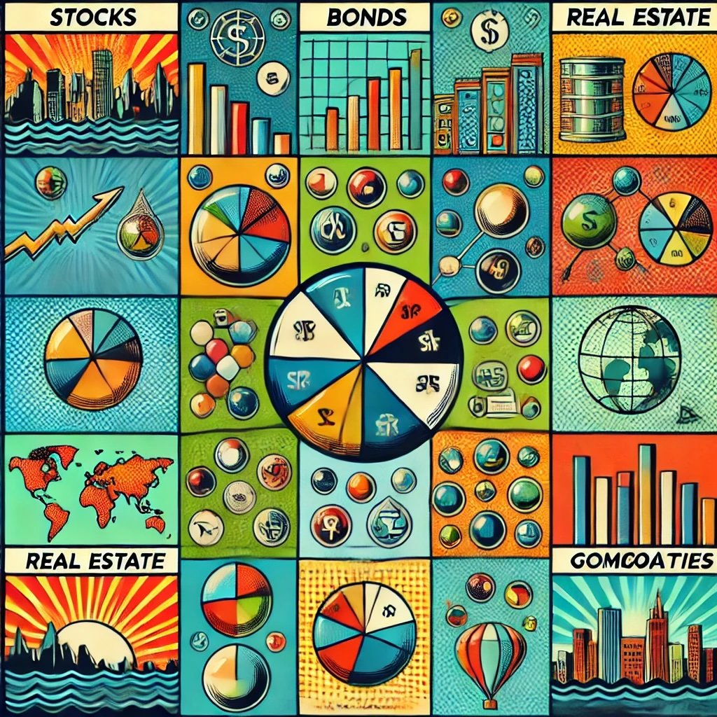 diversification in investing balanced portfolio with symbols for stocks, bonds, real estate, and commodities, along with global sectors like technology, healthcare, and finance