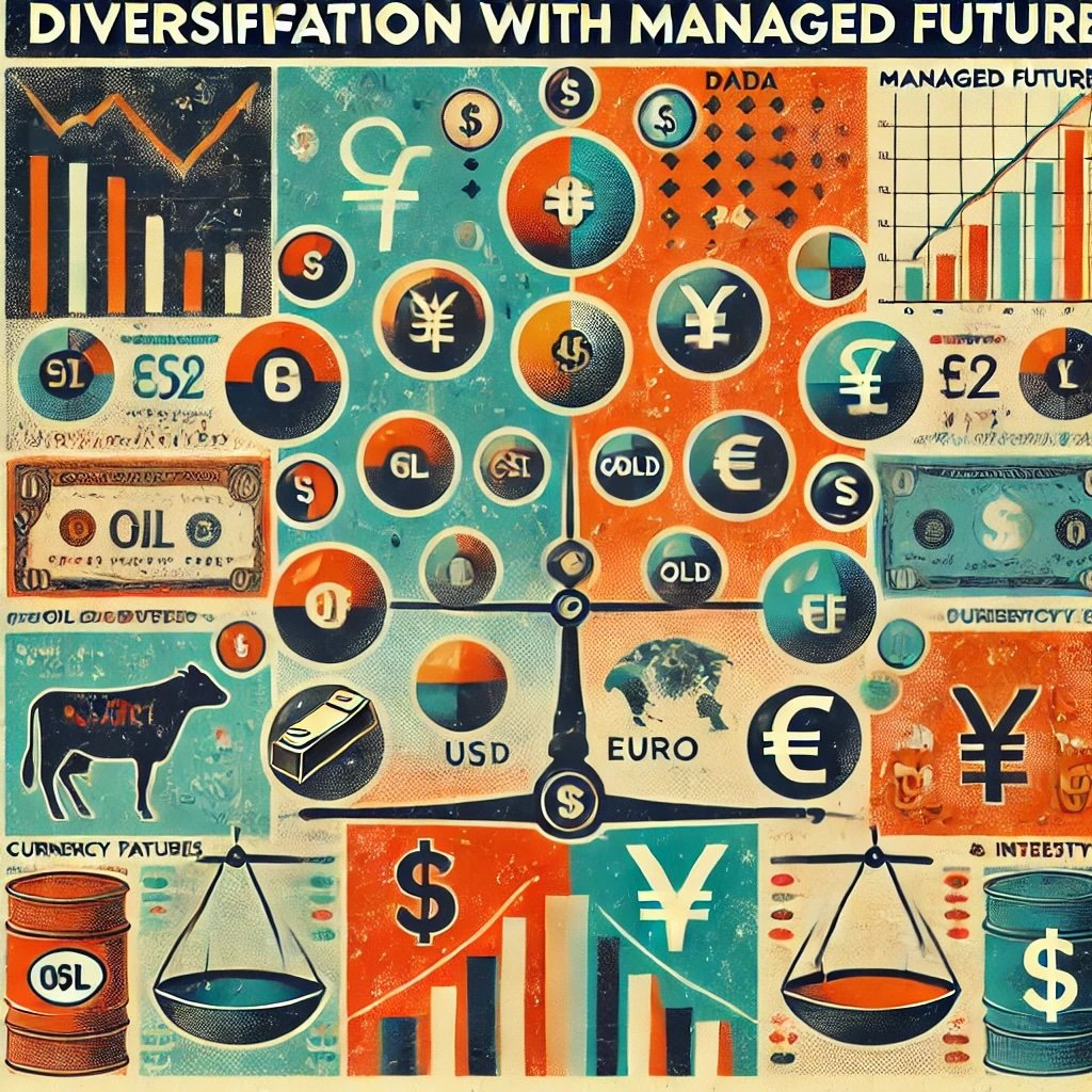 Diversification with Managed Futures showing how various assets like commodities, currencies, and interest rates provide counterbalance in a traditional portfolio