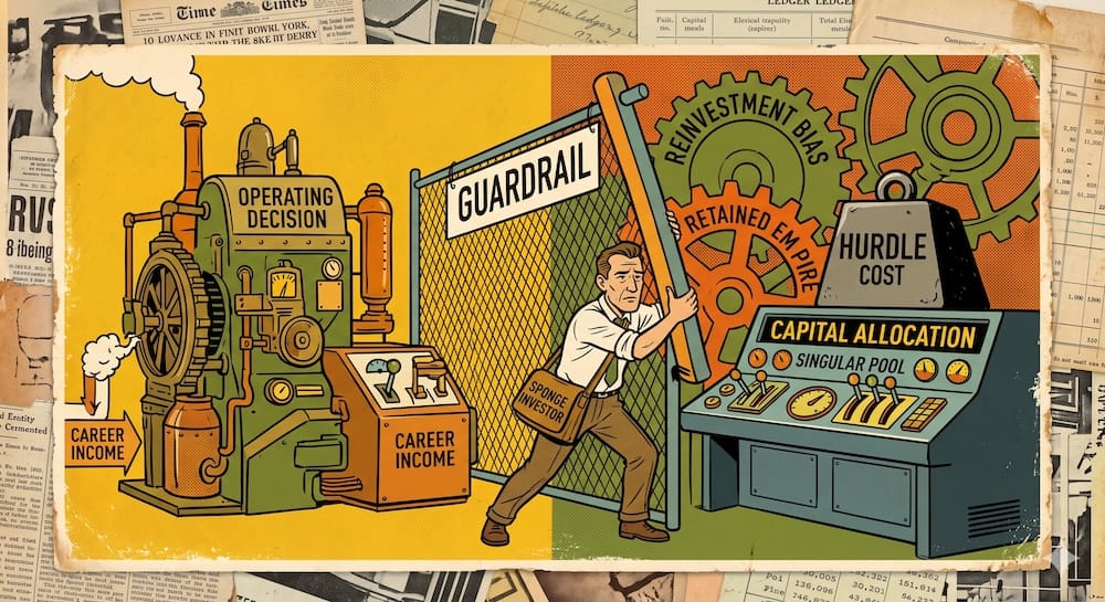 Un personaje etiquetado como Sponge Investor cerrando una cerca de alambre etiquetada como GUARDRAIL. La cerca separa un motor operativo a la izquierda de un escritorio de asignación de capital con un peso pesado etiquetado como HURDLE COST a la derecha.