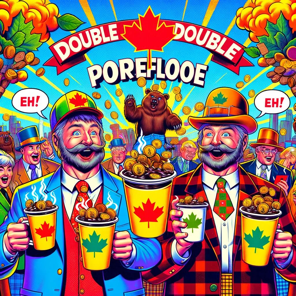 "Double Double Eh Portfolio" image, humorously blending iconic Canadian elements like the 'double double' coffee and the slang 'eh' with investment culture. It brings to life a coffee shop setting where investors, adorned in stereotypical Canadian attire, discuss their diversified portfolio strategies over cups of 'double double' filled with coins and financial symbols.
