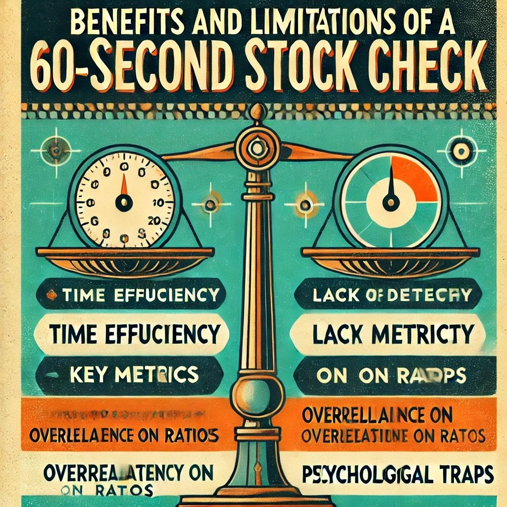 dual nature of a 60-second stock check, balancing time efficiency and key metric focus with its inherent lack of depth and contextual limitations enables rapid screening