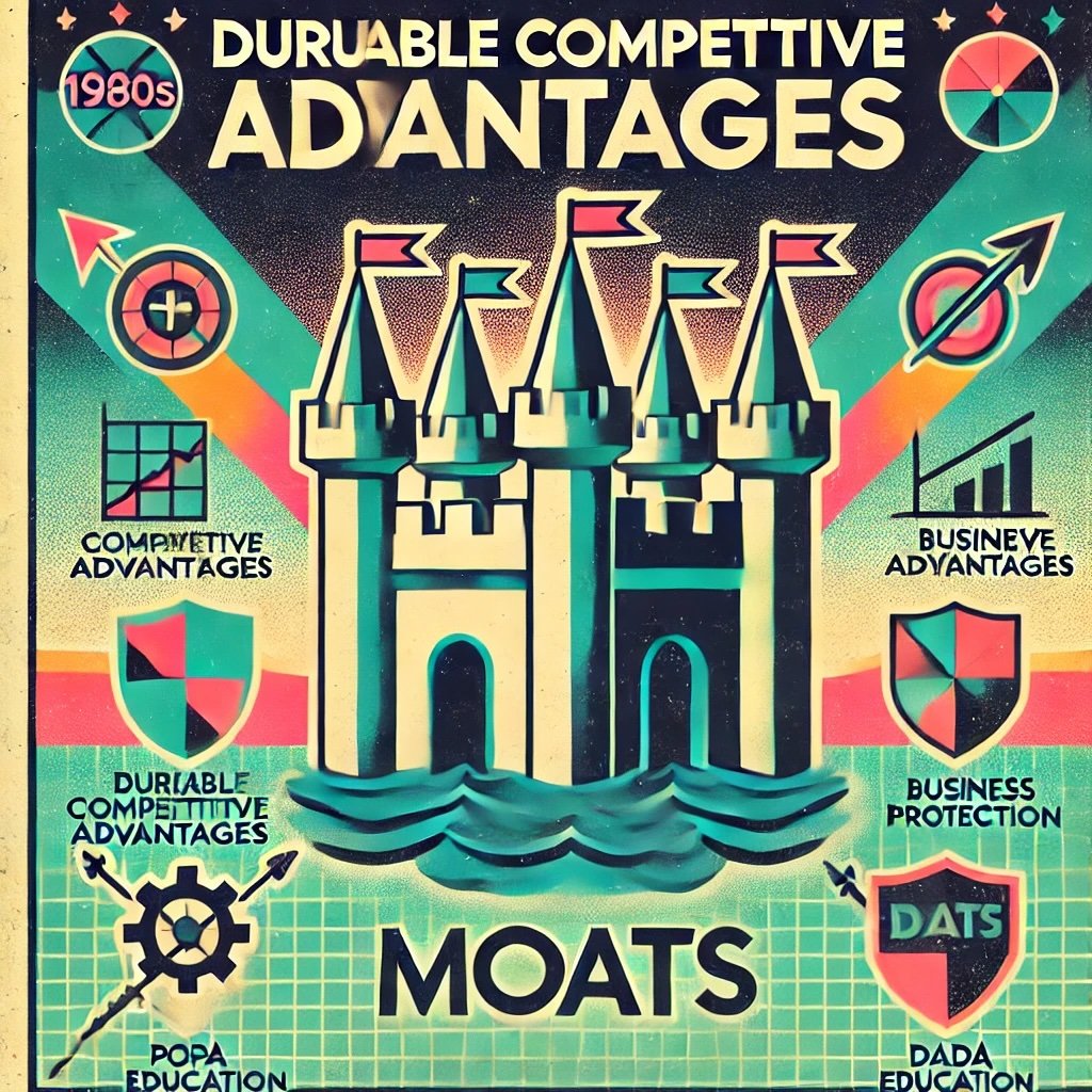 Durable Competitive Advantages (Moats) stylized moat symbolizing business protection 1980s themelively investment guide look