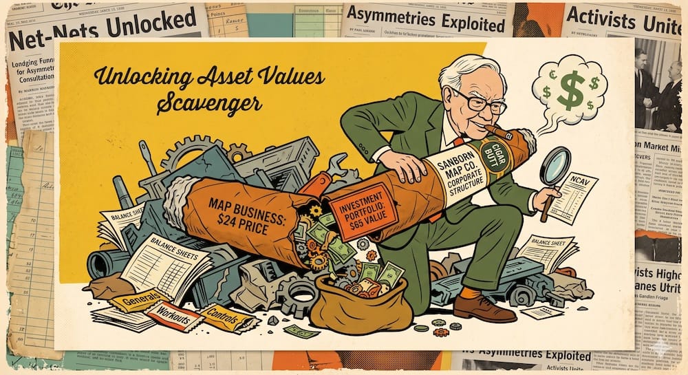 A young Warren Buffett aggressively scavenging investment value from a massive cigar butt labeled Sanborn Map Co. and its investment portfolio, while throwing away wrappers labeled Generals, Workouts, and Controls, against a faded financial collage.