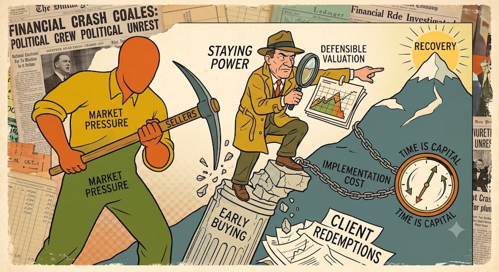 Visualizing the High Cost of Implementation and Market Pressure in Early Value Investing An investor stands on a crumbling EARLY BUYING pillar, chipped away by MARKET PRESSURE as he holds a DEFENSIBLE VALUATION chart. Rising CLIENT REDEMPTIONS are below. He is chained to a backward-spinning clock labeled TIME IS CAPITAL and IMPLEMENTATION COST, preventing him from reaching RECOVERY. The scene visualizes the financial uselessness of long-term correctness without flexible capital.