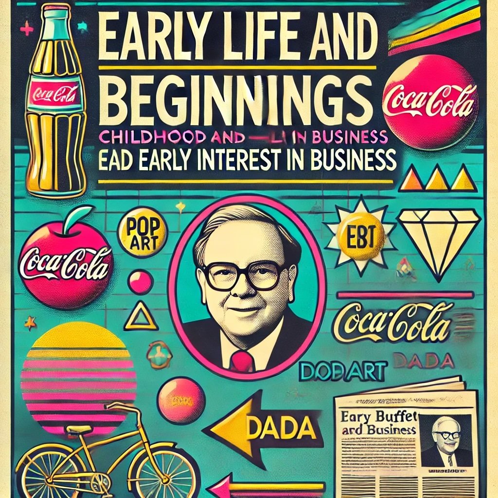 Early Life and Beginnings: Childhood and Early Interest in Business with icons like a Coca-Cola bottle, bicycle, and newspaper symbolizing Buffett's youthful ventures 