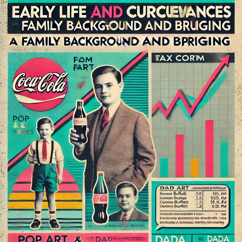 Early Life and Circumstances Family Background and Upbringing icons like a young boy selling Coca-Cola bottles, a stock chart for early investments, and a tax form for financial savvy