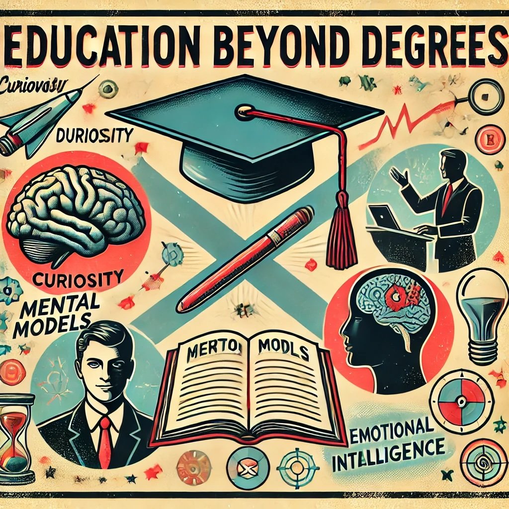 Education Beyond Degrees"features a crossed-out diploma, an open book labeled Curiosity and a glowing brain symbolizing mental models