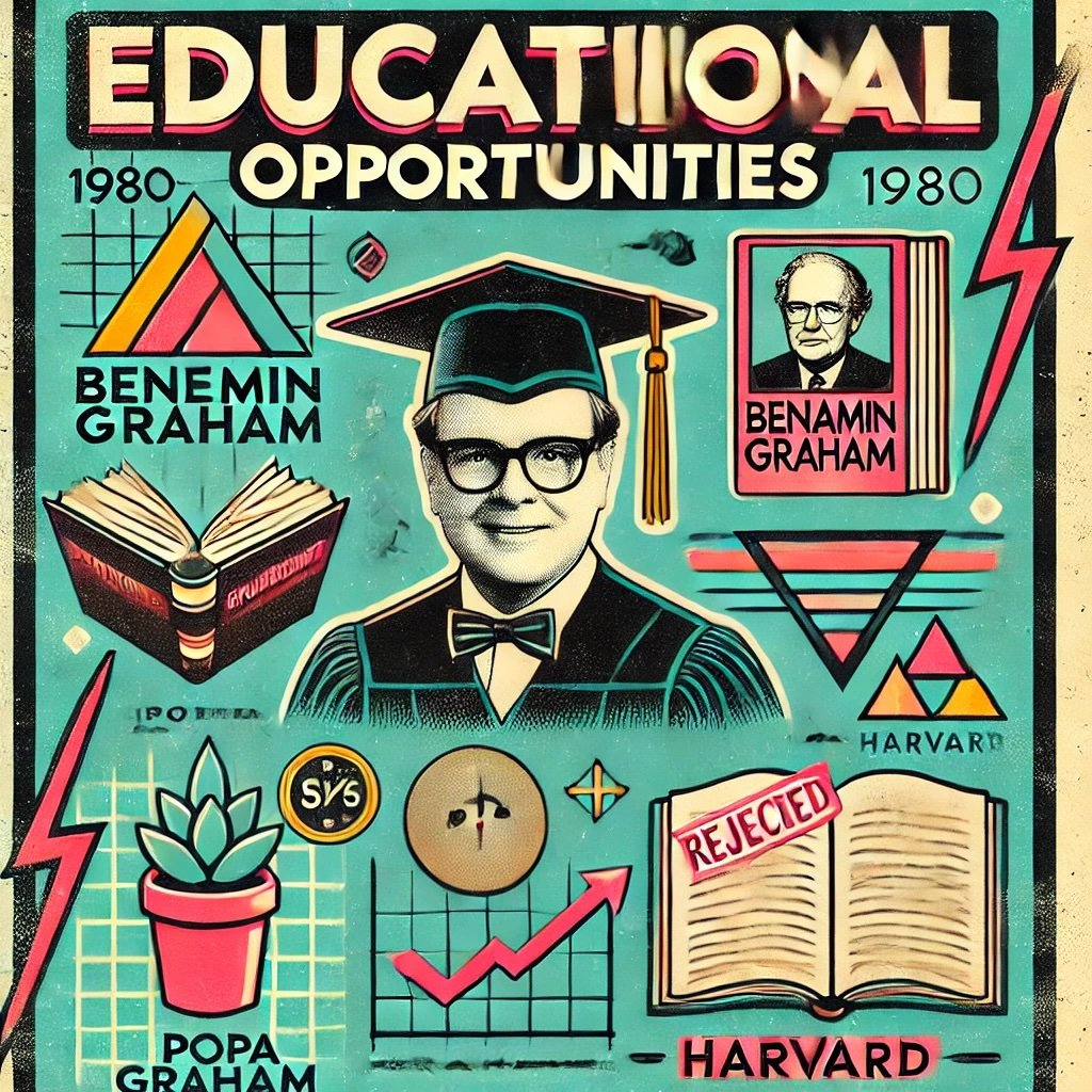 Educational Opportunities like a graduation cap for academic achievements, a book representing Buffett’s studies under Benjamin Graham moments in Buffett’s educational journey