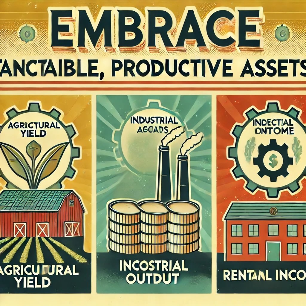 Embrace Tangible, Productive Assets" features a farm with crops labeled Agricultural Yield a factory producing goods labeled Industrial Output and a building Rental Income