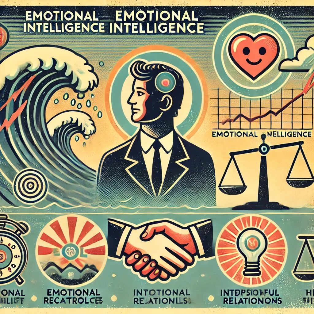 Emotional Intelligence calm figure amidst a stormy market represented by fluctuating stock charts and falling market icons, with a steady heart icon labeled Emotional Control