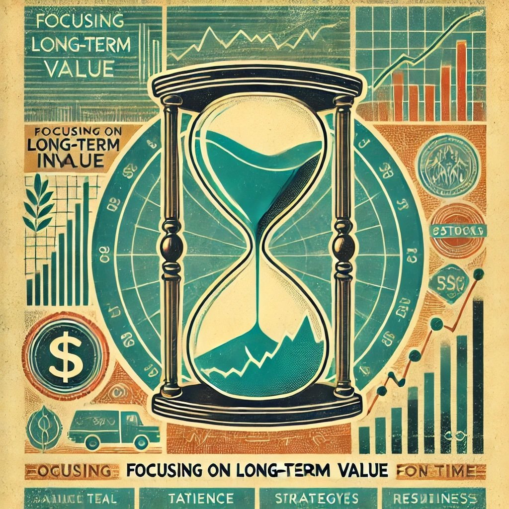 emphasizing the concept of Focusing on Long-Term Value in investing design uses timeless symbols and retro-fade tones to reflect patience and sustainability