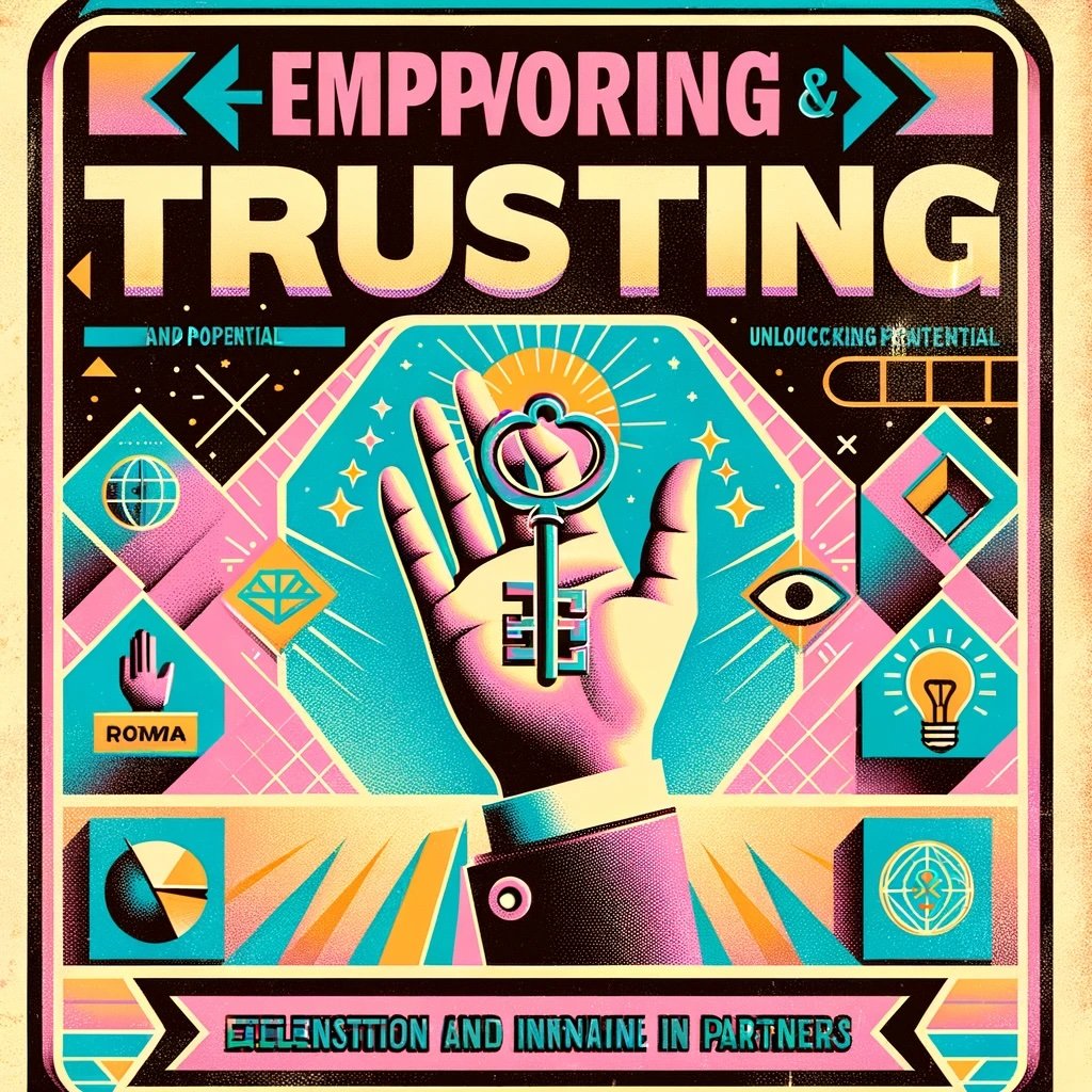 Empowering and Trusting Partners features key for unlocking potential a raised hand for delegation and a lightbulb for innovation in fostering strong innovative partnerships