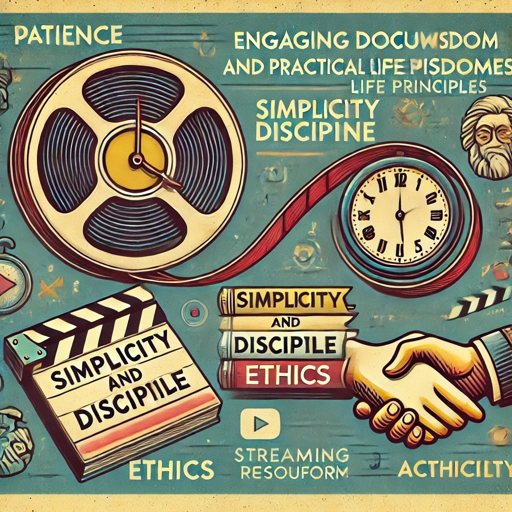 engaging documentaries on timeless wisdom and life principles A film reel unfurls to showcase symbols like a clock for patience, a book labeled Simplicity and Discipline