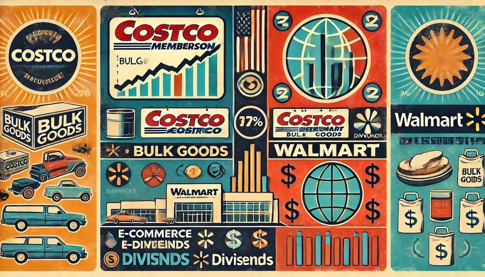 captures the essence of the Costco vs. Walmart comparison. The left showcases Costco's exclusivity with a membership card, bulk goods, and a steady stock chart, while the right highlights Walmart's accessibility through a Supercenter, global reach, and e-commerce icons